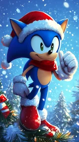 Blue cartoon hedgehog in Santa outfit on snowy branch.