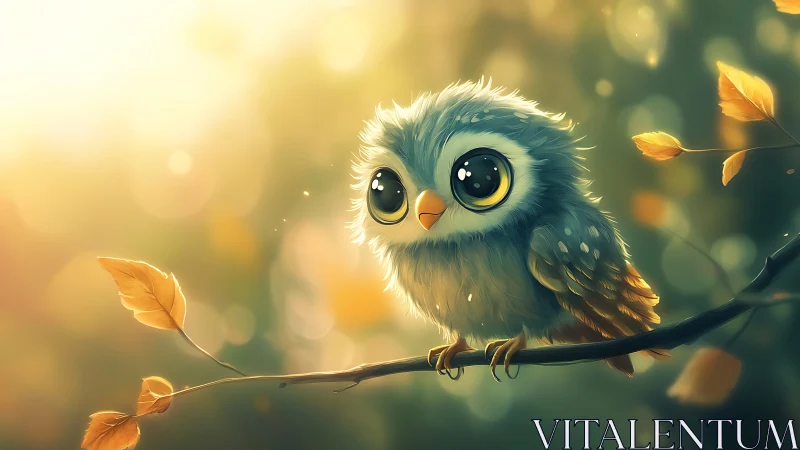 Cute cartoon owl with big eyes on a branch in dreamy sunlight.
