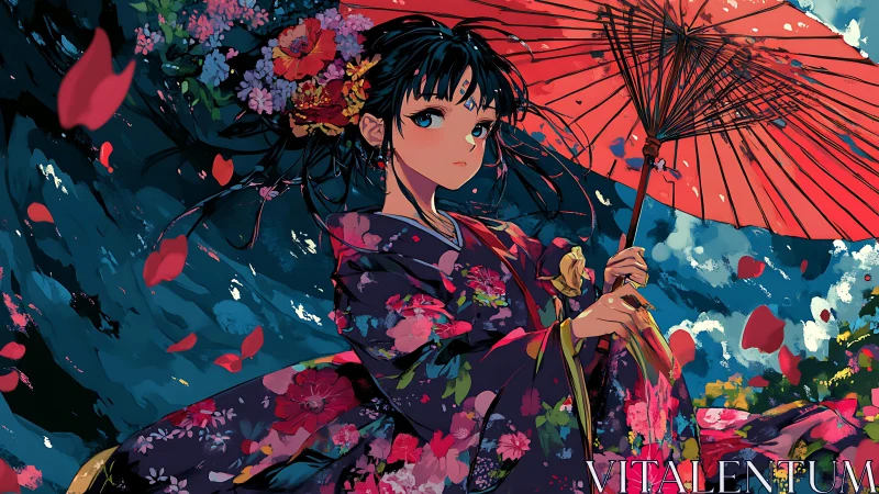 Graceful kimono girl gazes softly beneath a red umbrella
