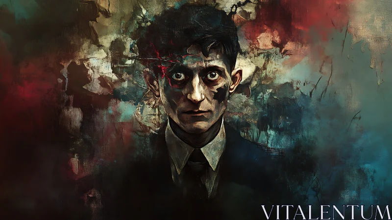 Haunted young man dissolves into turbulent painted shadows.