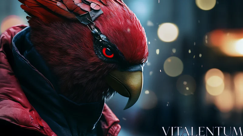 Intense red bird humanoid in cyberpunk city, cinematic lighting.
