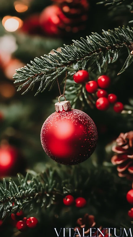 Crimson Christmas bauble glows amid pine needles and berries.