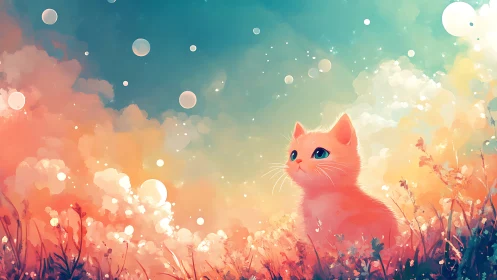 Pink Cat in Flower Field with Pastel Sky.