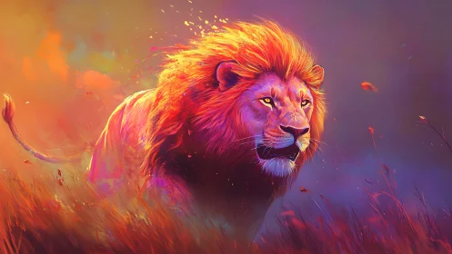 Vibrant digital lion in abstract warm and cool landscape.