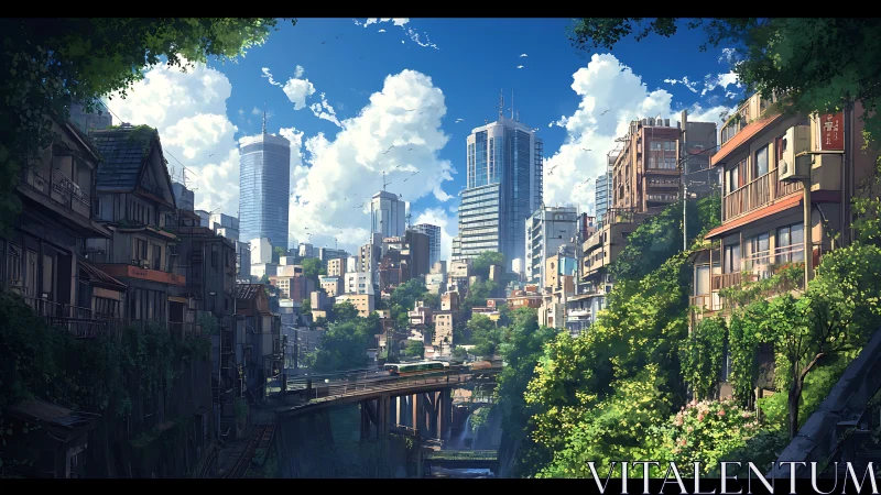 Sunlit futuristic city merges lush greenery with transit lines