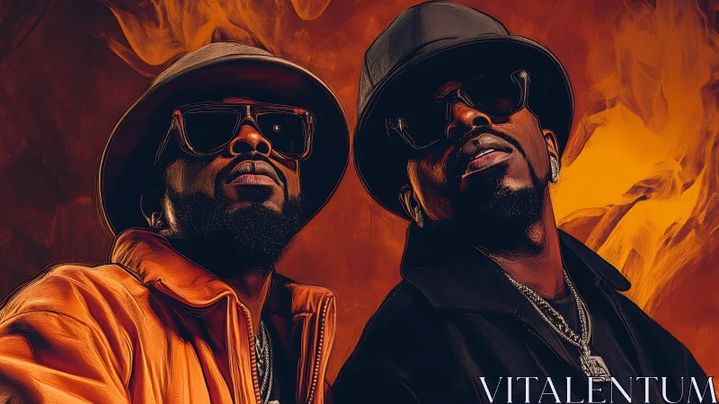 Hip hop duo in stylized portrait with warm backdrop.