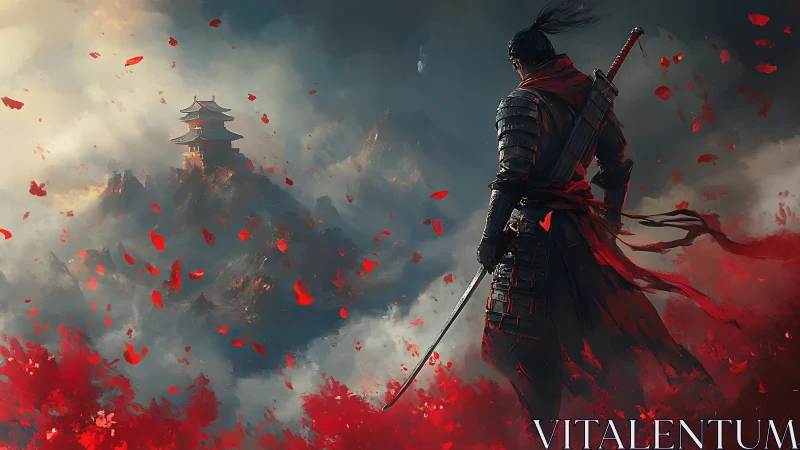 Armored swordsman overlooking distant mountain pagoda.