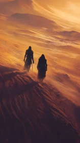 Desert wanderers crossing windswept dunes at sunset.