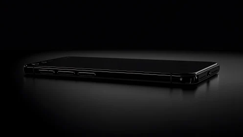 Black smartphone lying flat on reflective dark surface.
