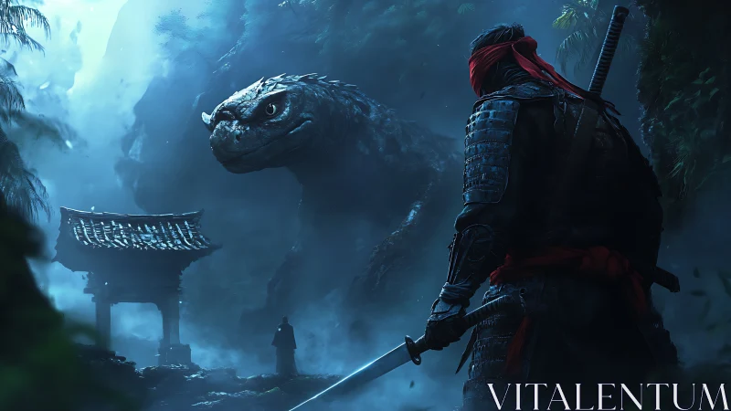 Silent samurai meets misty mountain guardian lizard.
