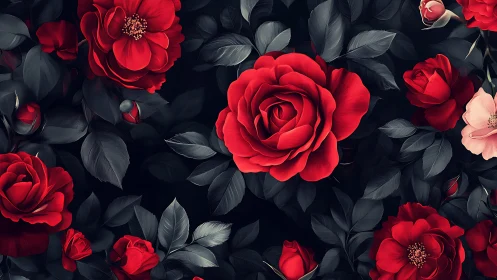 Red Roses with Dark Foliage on Black Background.