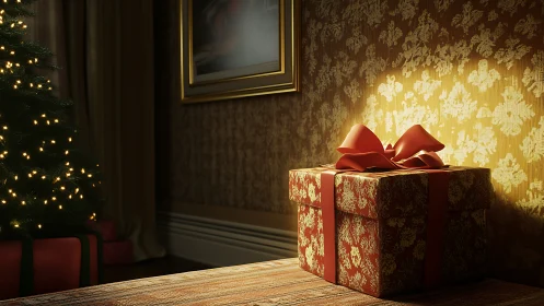 Ray-traced Christmas gift box under warm directional spot lighting