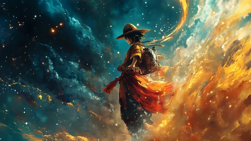 Wandering sky traveler wrapped in swirling fire and stars.