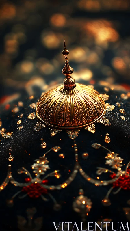 Golden filigree dome cap crowns dark embroidered silk.