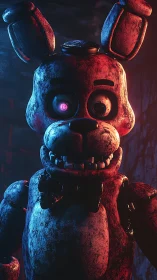 Rustic red animatronic rabbit under ominous neon lighting.