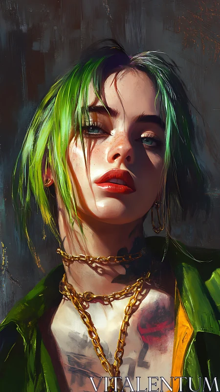 Neon-haired rebel gazes forward in bold digital portrait.