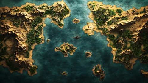 Epic fantasy archipelago map in rich topographic relief.