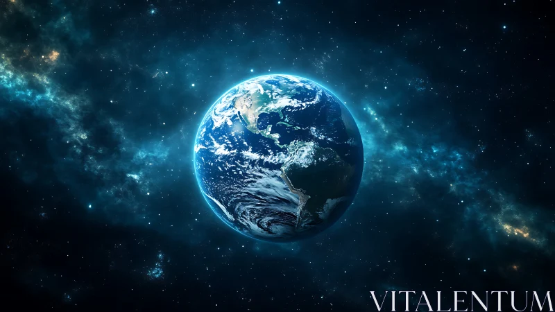 Our glowing blue Earth drifts peacefully in the cosmic dark