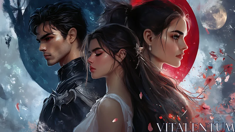 Triptych of fantasy figures aligned against dual chromatic moons