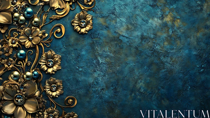 Gilded blossoms whisper across a stormy teal canvas edge