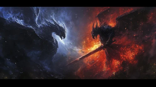 Elemental dragon duel divides frame with blue plasma and fire