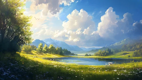 Mountain valley lake reflects clouds under strong daylight