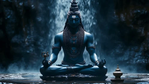 Blue meditative figure seated before cascading waterfall.