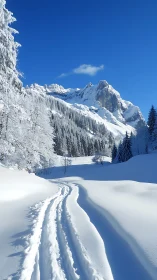 Snowy Alpine Valley Path Under Clear Blue Skies