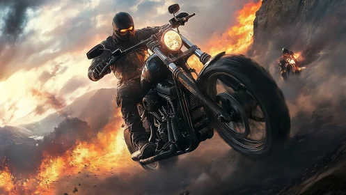 Dynamic digital painting of armored riders in flaming pursuit.