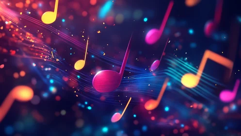 Neon music notes surfing glowing sound waves at night.