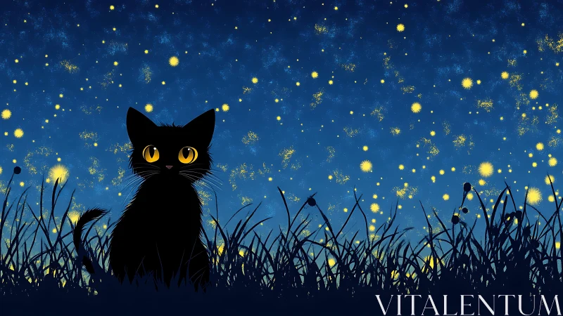 Luminous Feline Gazing Through Starlit Meadow.
