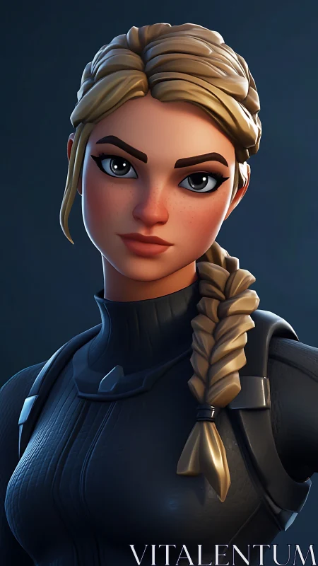 Blonde braided game heroine in tactical black suit.