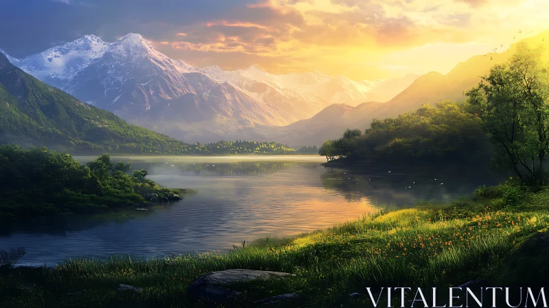 Sunlit alpine lake with snowcapped mountain range at dusk