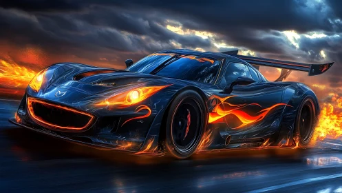 Flaming black race car in dynamic digital motion render.