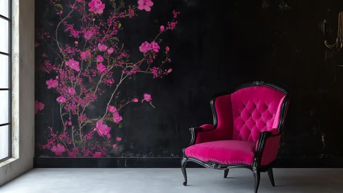 Magenta velvet armchair contrasts with dark floral mural wall