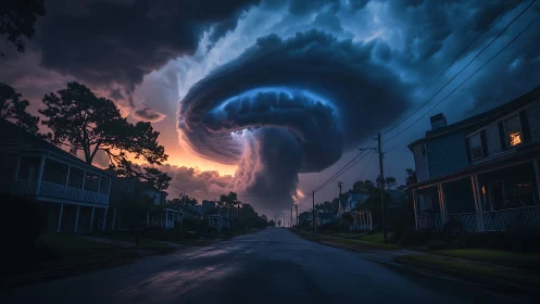 Apocalyptic supercell vortex over suburban street at dusk.