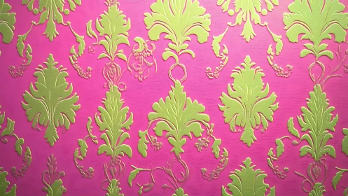 Bold lime damask blooms across vibrant pink wallpaper.