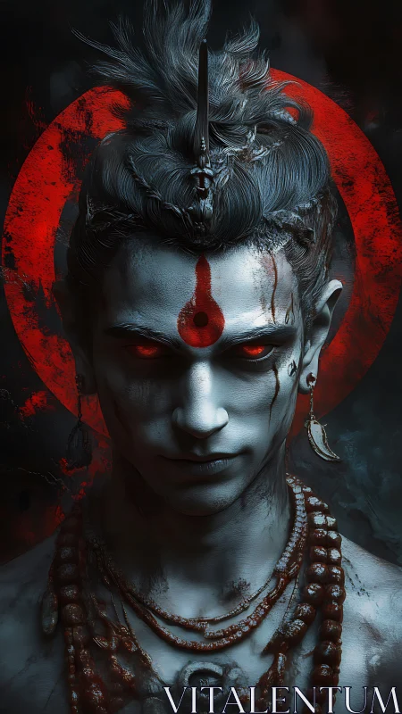 Mysterious warrior radiates calm power in red and shadow