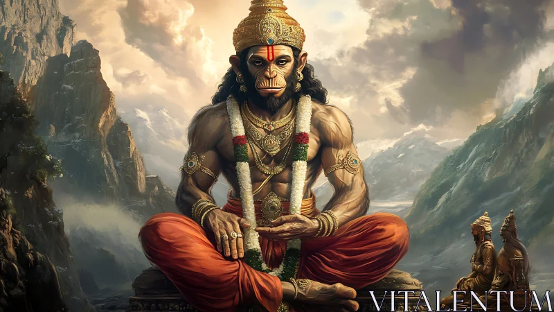 Deity-like humanoid figure seated amid mountainous landscape.