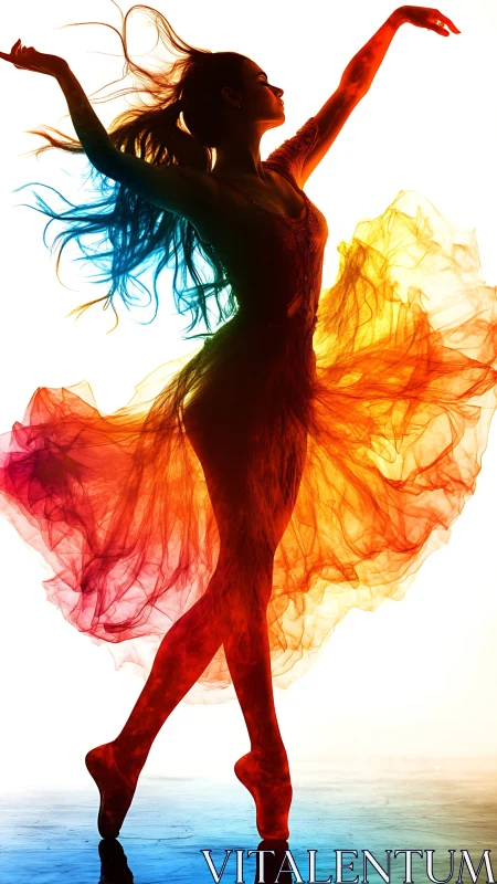 Silhouetted dancer in swirling multicolor translucent motion.