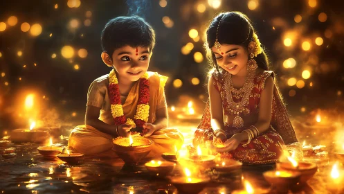 Two children in traditional attire celebrating Diwali with luminous oil lamps