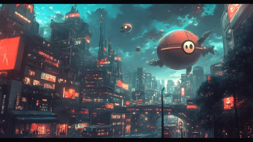 Autonomous surveillance orbs over neon-saturated cyber megacity.