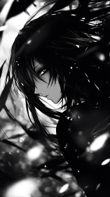 Monochrome anime portrait with dynamic chiaroscuro rendering.