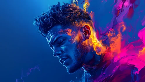 Neon-lit male portrait dissolves into vivid chromatic flames