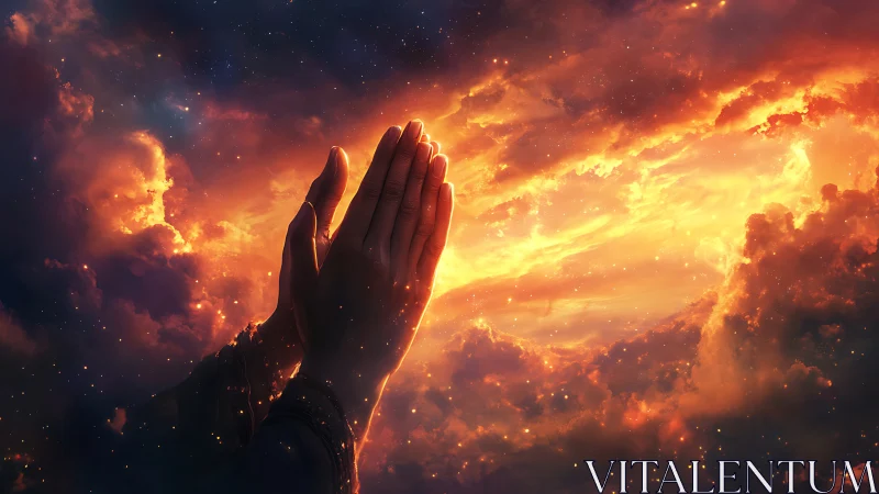 Hands in prayer against glowing golden and red clouds.
