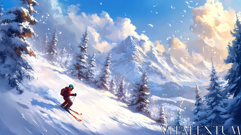 Solitary skier descending sunlit alpine powder slope.