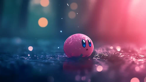 Soft pink wanderer under neon forest drizzle at dusk.