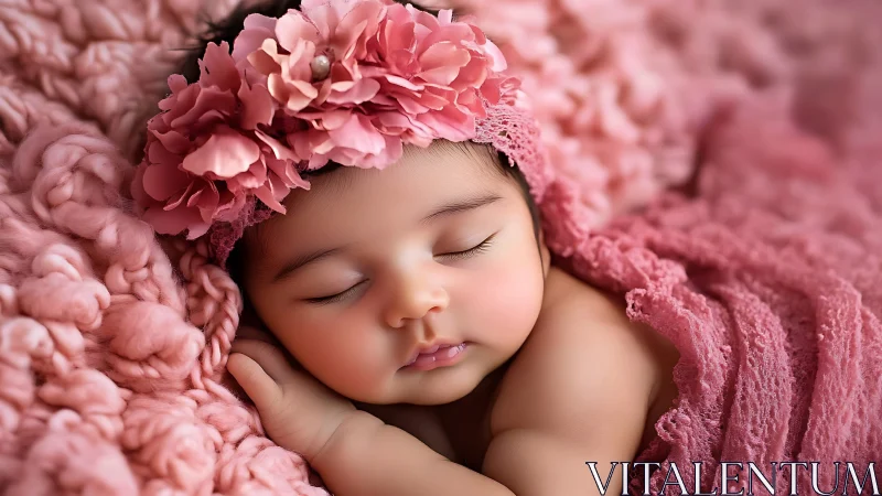 Sleeping newborn wrapped in pink fabric with floral crown