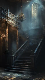 Gothic grand staircase under haunting cathedral light.