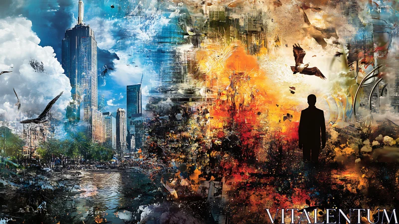 Urban skyline and silhouetted figure in fractured duality.